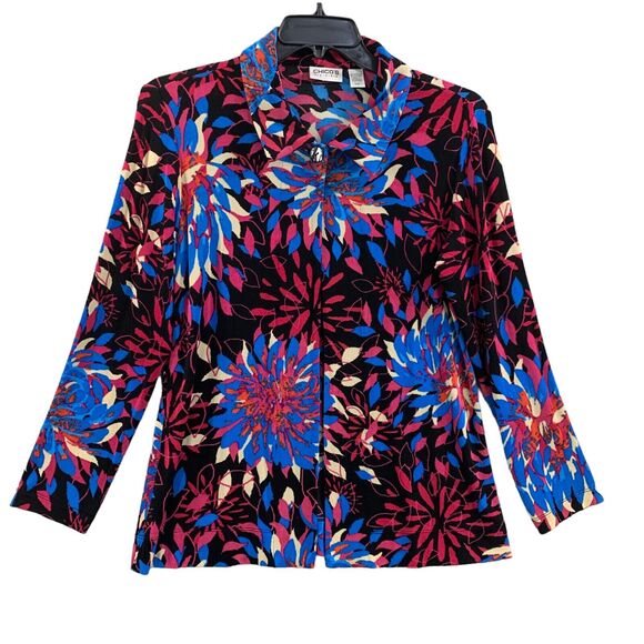 Chicos Travelers Womens Top Colorful Floral Sz M 8 Slinky Wrinkle free Travel - Picture 10 of 10